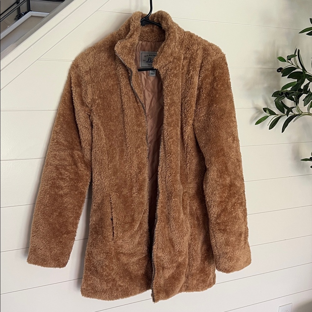 Plush Faux Fur Teddy Jacket in Tan - Casual Zip Front